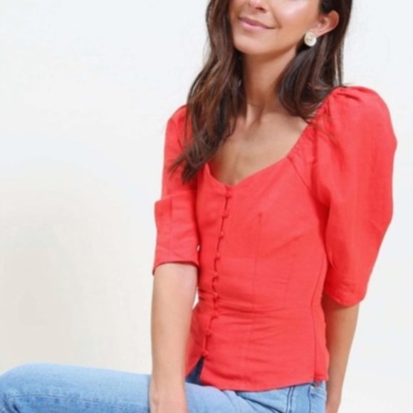 CLOSET CLEAROUT $10 | Something Navy | Red Puff Sleeve Blouse | size m - Picture 1 of 6
